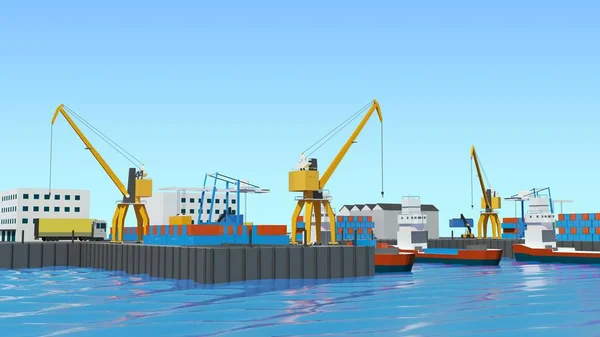 Warehouse port Isometric projection. Ships with containers on the berth at the port, cranes, workers. cars, hangars ashore. For transport