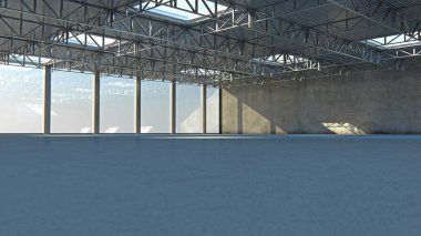 Boş ambar. 3d çizim taş ışık ile bina