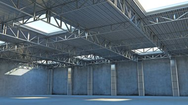 Boş ambar. 3d çizim taş ışık ile bina