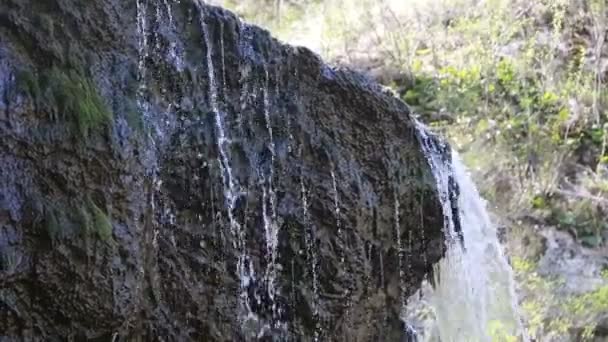 Moss Growing on Slippery Brown Rocks - Wet Slick Surfaces, pequena cachoeira com água lentamente escorregando sobre a parede de rocha acidentada, erodindo lentamente a superfície com padrões interessantes. Musgo verde, rochas marrons . — Vídeo de Stock