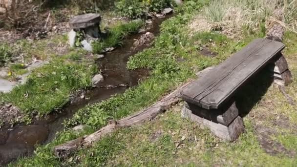 Bänk för att koppla av i skogen på stranden av en fjällbäck. — Stockvideo