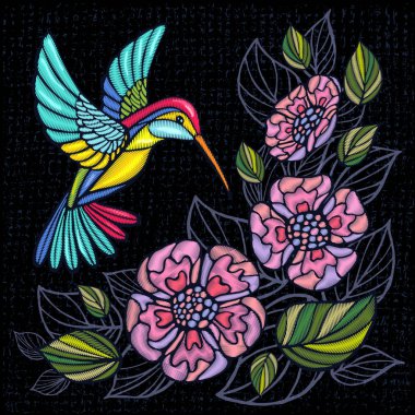 Nakış Hummingbird, palmiye ağacı yaprakları, çiçekleri tropikal sanat yama. Moda nakış tropikal yaz arka plan. Şablon tasarım kıyafetler, t gömlek. Elle çizilmiş vektör.