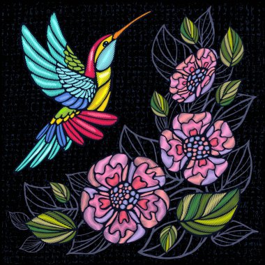 Nakış Hummingbird, palmiye ağacı yaprakları, çiçekleri tropikal sanat yama. Moda nakış tropikal yaz arka plan. Şablon tasarım kıyafetler, t gömlek. Elle çizilmiş vektör.