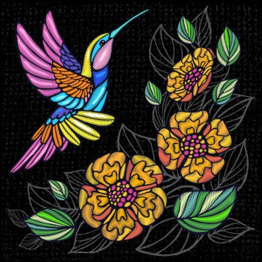 Nakış Hummingbird, palmiye ağacı yaprakları, çiçekleri tropikal sanat yama. Moda nakış tropikal yaz arka plan. Şablon tasarım kıyafetler, t gömlek. Elle çizilmiş vektör.