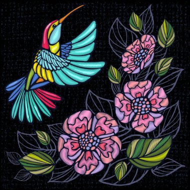 Nakış Hummingbird, palmiye ağacı yaprakları, çiçekleri tropikal sanat yama. Moda nakış tropikal yaz arka plan. Şablon tasarım kıyafetler, t gömlek. Elle çizilmiş vektör.