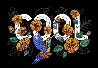 Nakış Hummingbird, Cool, palmiye ağacı yaprakları, çiçekleri tropikal sanat yama moda nakış tropikal yaz arka plan. Şablon tasarım kıyafetler, t gömlek. Elle çizilmiş vektör.