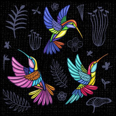 Nakış Hummingbird, palmiye ağacı yaprakları, çiçekleri tropikal sanat yama. Moda nakış tropikal yaz arka plan. Şablon tasarım kıyafetler, t gömlek. Elle çizilmiş vektör.