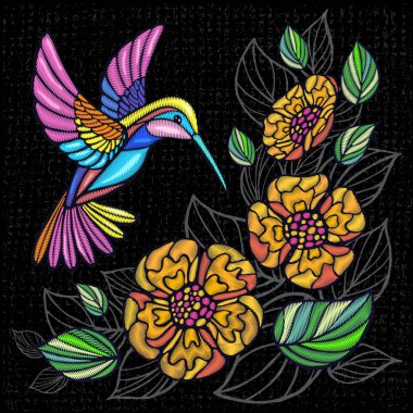 Nakış Hummingbird, palmiye ağacı yaprakları, çiçekleri tropikal sanat yama. Moda nakış tropikal yaz arka plan. Şablon tasarım kıyafetler, t gömlek. Elle çizilmiş vektör.