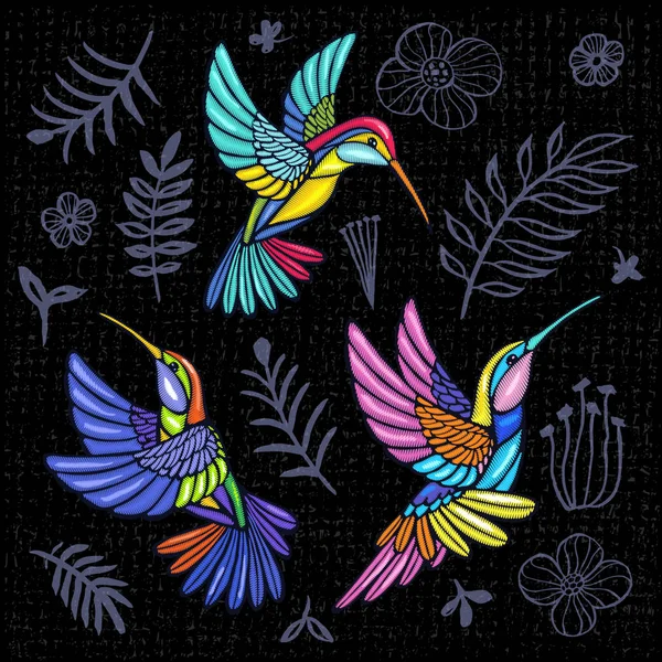 Hímzés Kolibri Pálma Levelek Virágok Trópusi Art Javítás Divatos Hímzés — Stock Vector