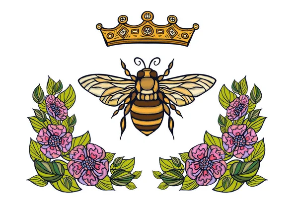 Bee Kroon Bloemen Borduurwerk Patsh Honey Bee Hommel Floral Blad — Stockvector