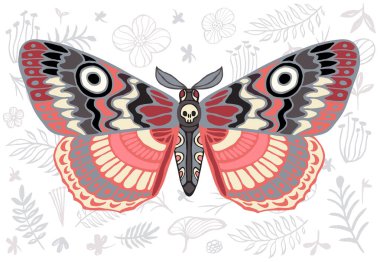 Gece tropikal pervane hawkmoth çiçek arka plan, kelebek vektör böcek, vintage tarzı, kanatlar, çiçekler, kafatası, bırakır. Çizilmiş vektör çizim el