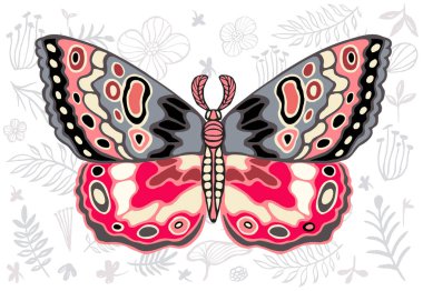 Gece tropikal pervane hawkmoth çiçek arka plan, kelebek vektör böcek, vintage tarzı, kanatlar, çiçekler, kafatası, bırakır. Çizilmiş vektör çizim el.