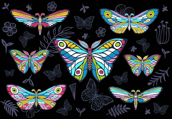 Samling Färgglada Fjärilar Blommig Bakgrund Vektor Uppsättning Vintagestil Vingar Insekter — Stock vektor