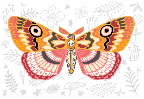 Natt tropiska fjärilar hawkmoth på blommig bakgrund, fjäril vektor insekt, vintagestil, vingar, blommor, skalle, lämnar. Hand dras vektorillustration. — Stock vektor