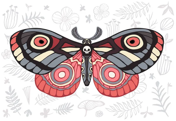 Natt tropiska fjärilar hawkmoth på blommig bakgrund, fjäril vektor insekt, vintagestil, vingar, blommor, skalle, lämnar. Hand dras vektorillustration. — Stock vektor