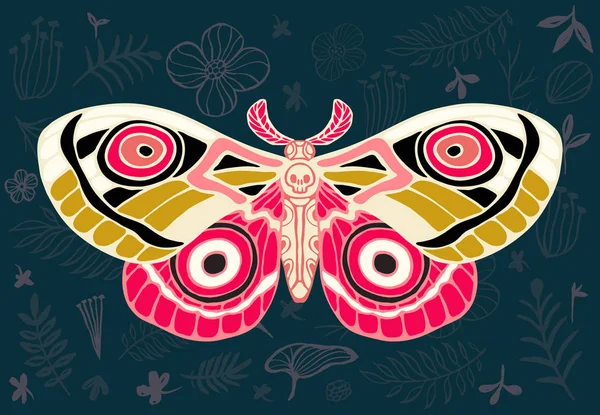 Gece tropikal pervane hawkmoth çiçek arka plan, kelebek vektör böcek, vintage tarzı, kanatlar, çiçekler, kafatası, bırakır. Çizilmiş vektör çizim el. — Stok Vektör