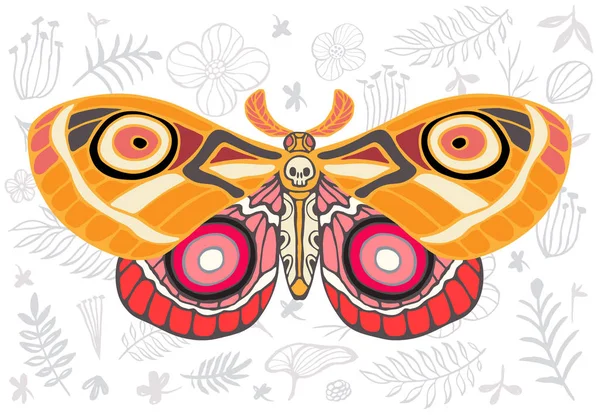 Natt tropiska fjärilar hawkmoth på blommig bakgrund, fjäril vektor insekt, vintagestil, vingar, blommor, skalle, lämnar. Hand dras vektorillustration. — Stock vektor