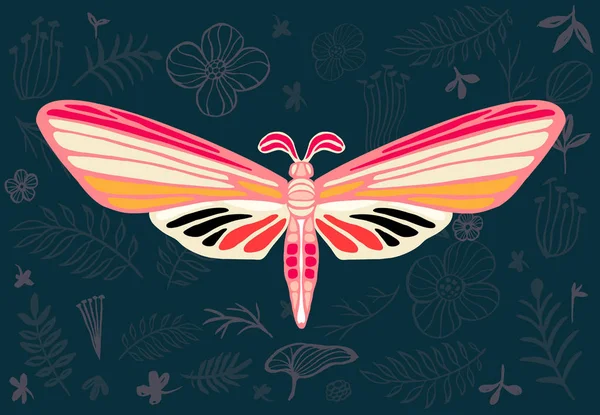 Natt tropiska fjärilar på blommig bakgrund, fjäril vektor insekt, vintagestil, vingar, blommor, blad. Hand dras vektorillustration. — Stock vektor