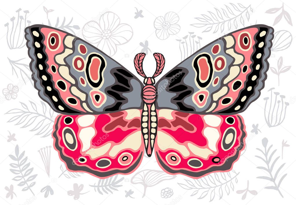 Night tropical moths hawkmoth on floral background, butterfly vector insect, vintage style, wings, flowers, skull, leaves. Hand drawn vector illustration.
