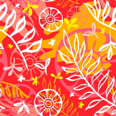 Etnik egzotik batik tropikal seamless modeli. Soyut coroful yaz saati dekorasyon, kolaj tropikal hurma kupa çiçek fırça konturu süsleme bırakır. Çizilmiş vektör çizimler el.