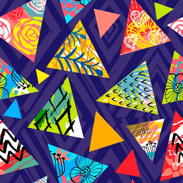 African batik tropical seamless pattern. Abstract unusual summer time decoration, triangles collage tropical palm leaves hearts flowers ornament. Hand drawn vector illustrations.
