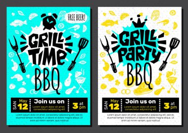 Parti saat barbekü gıda poster ızgara. Izgara gıda, et balık sebze cihaz çatal bıçak tavuk karides limon baharat ızgara..