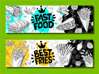 Fast food renkli modern afiş Etiketleri ayarlama. Fast food. Patates kızartması. çörek. Sosisli sandviç, hamburger, kahve, kanatlar, nuggets, tacos.