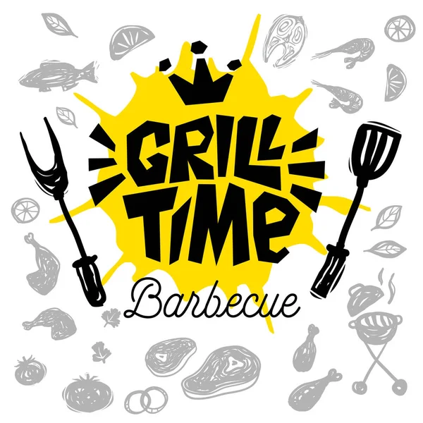 Grill Time food poster. Grilled food, meat fish vegetables grill appliance fork knife chicken shrimps lemon spice. — Stock Vector