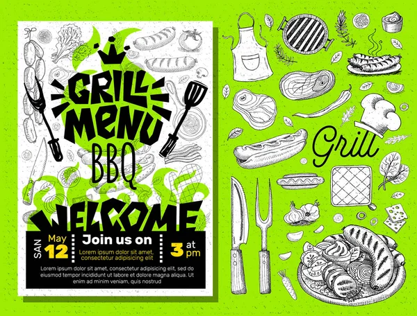 Grill menu partij tijd BBQ-voedsel poster. Gegrilde voedsel, vlees vis groenten grill toestel vork mes kip citroen garnalen spice. — Stockvector