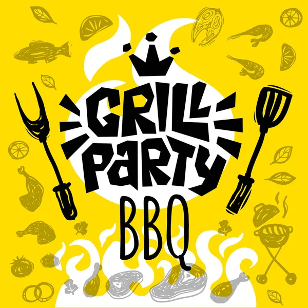 Grill BBQ Party-voedsel poster. Gegrilde voedsel, vlees vis groenten grill toestel vork mes kip citroen garnalen spice. — Stockvector