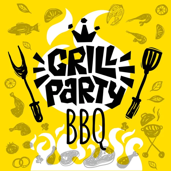 Grillparty Grill Essen Plakat. gegrilltes Essen, Fleisch Fisch Gemüse Grillgerät Gabel Messer Huhn Garnelen Zitrone Gewürz. — Stockvektor