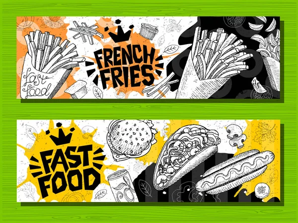 Fast food színes modern bannerek be címkéket. Fast food. Francia krumplit. fánk. Hot dog, hamburger, kávé, szárnyak, rögök, Taco. — Stock Vector