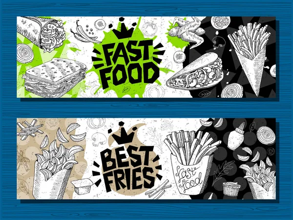 Fast food színes modern bannerek be címkéket. Fast food. Francia krumplit. fánk. Hot dog, hamburger, kávé, szárnyak, rögök, Taco. — Stock Vector