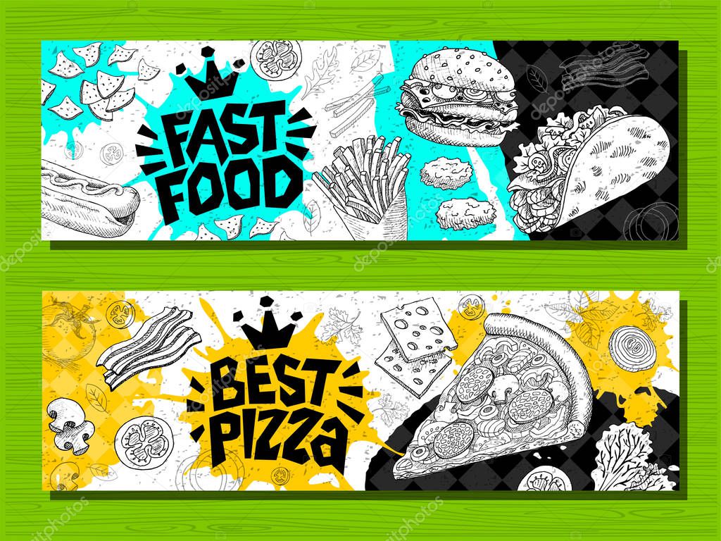 Fast food colorful modern banners set labels. Fast food. Best Pizza. bacon. Hot dog, hamburger, coffee, wings, nuggets, tacos.