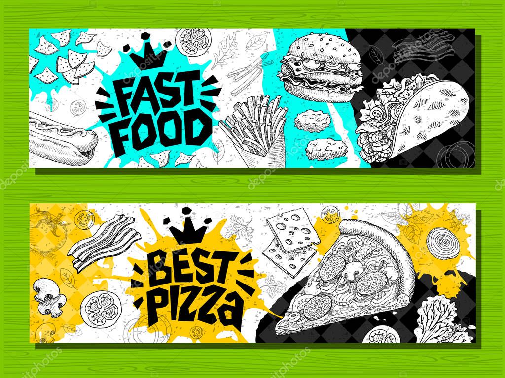 Fast food colorful modern banners set labels. Fast food. Best Pizza. bacon. Hot dog, hamburger, coffee, wings, nuggets, tacos. Bright cool food sketches composition. Hand drawn vector illustration.