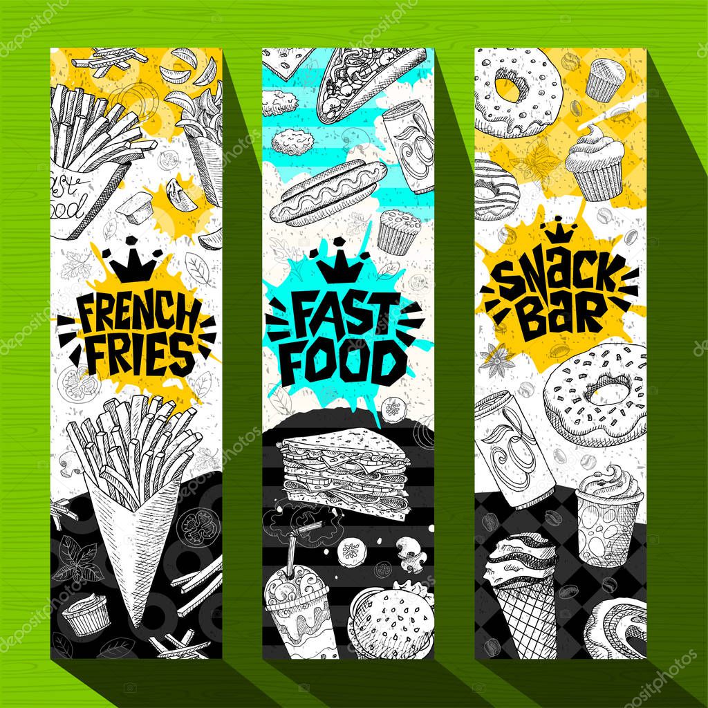 Fast food colorful modern banners set labels. French fries. snack bar. Hot dog, hamburger, coffee, donuts, nuggets, tacos
