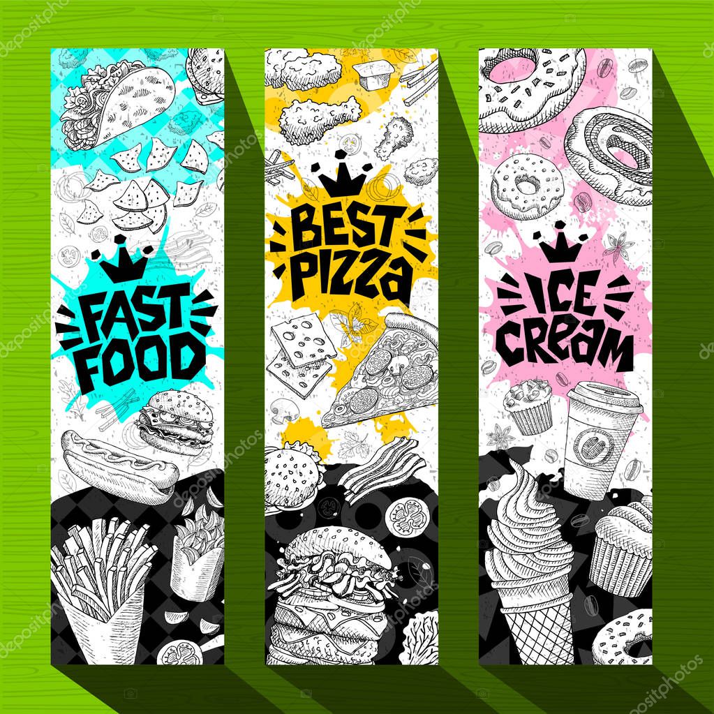 Fast food colorful modern banners set labels. Fast food. Best pizza. Ice cream. Hot dog, hamburger, coffee, donuts, nuggets, tacos. Bright cool food sketches composition