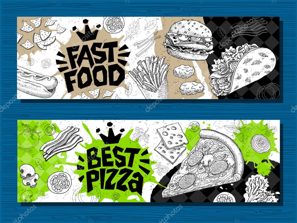 Fast food colorful modern banners set labels. Fast food. Best Pizza. bacon. Hot dog, hamburger, coffee, wings, nuggets, tacos. Bright cool food sketches composition. Hand drawn vector illustration.