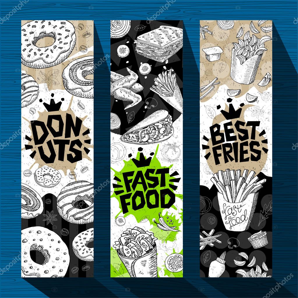 Fast food colorful modern banners set labels. Fast food. French fries. donuts. Hot dog, hamburger, coffee, wings, nuggets, tacos. Bright cool food sketches composition. Hand drawn vector illustration.