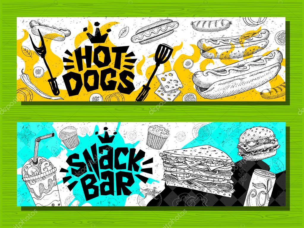 Fast food colorful modern banners set labels. Fast food. French fries. donuts. Hot dog, hamburger, coffee, wings, nuggets, tacos. Bright cool food sketches composition. Hand drawn vector illustration.