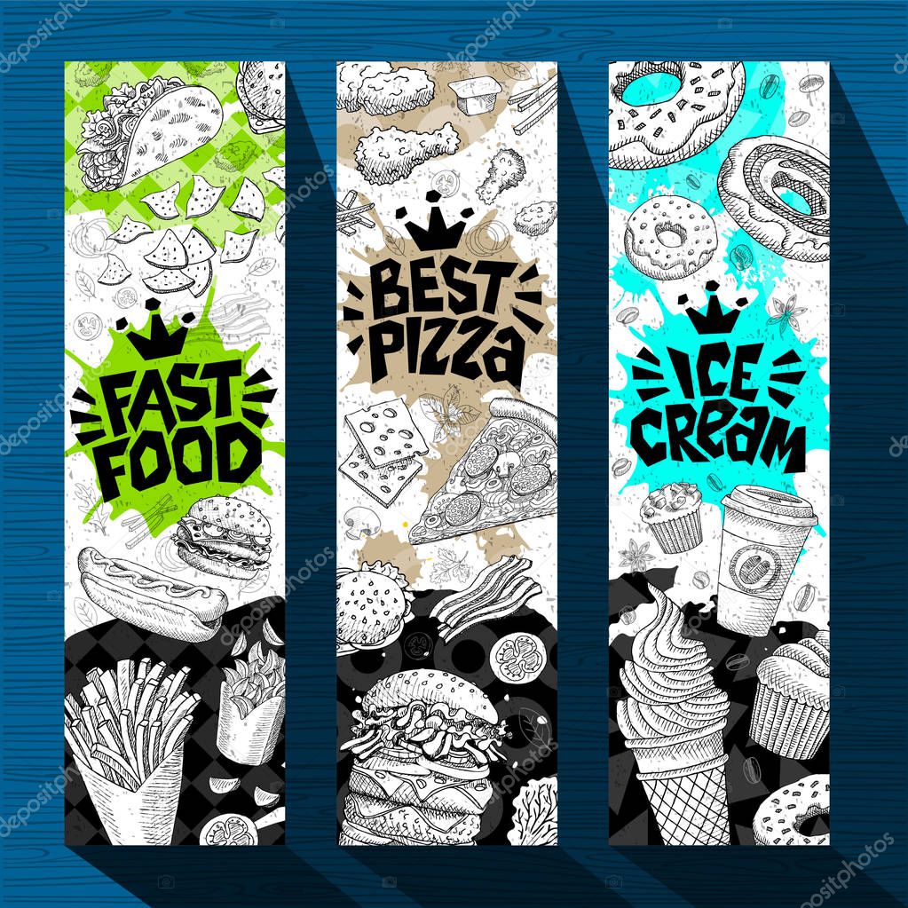 Fast food colorful modern banners set labels. Fast food. Best pizza. Ice cream. Hot dog, hamburger, coffee, donuts, nuggets, tacos