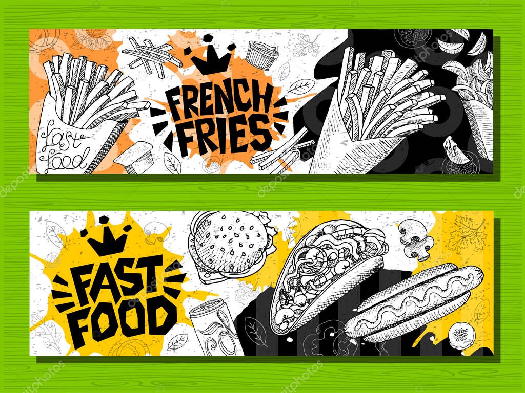 Fast food colorful modern banners set labels. Fast food. French fries. donuts. Hot dog, hamburger, coffee, wings, nuggets, tacos. Bright cool food sketches composition. Hand drawn vector illustration.