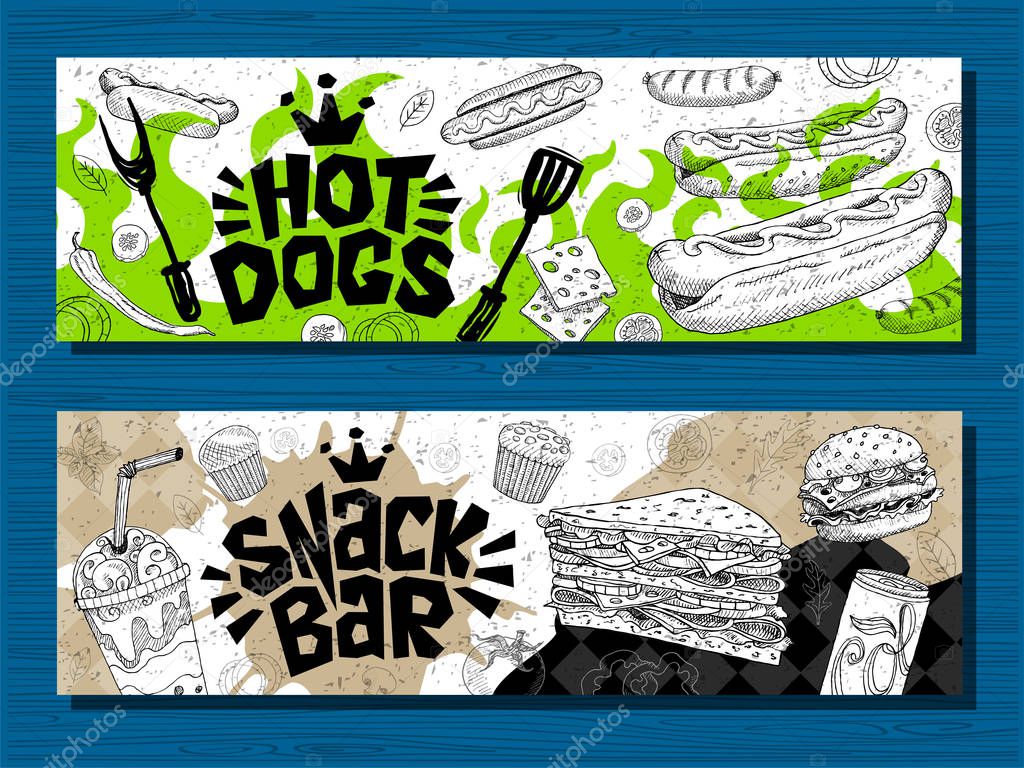 Fast food colorful modern banners set labels. Fast food. French fries. donuts. Hot dog, hamburger, coffee, wings, nuggets, tacos. Bright cool food sketches composition. Hand drawn vector illustration.