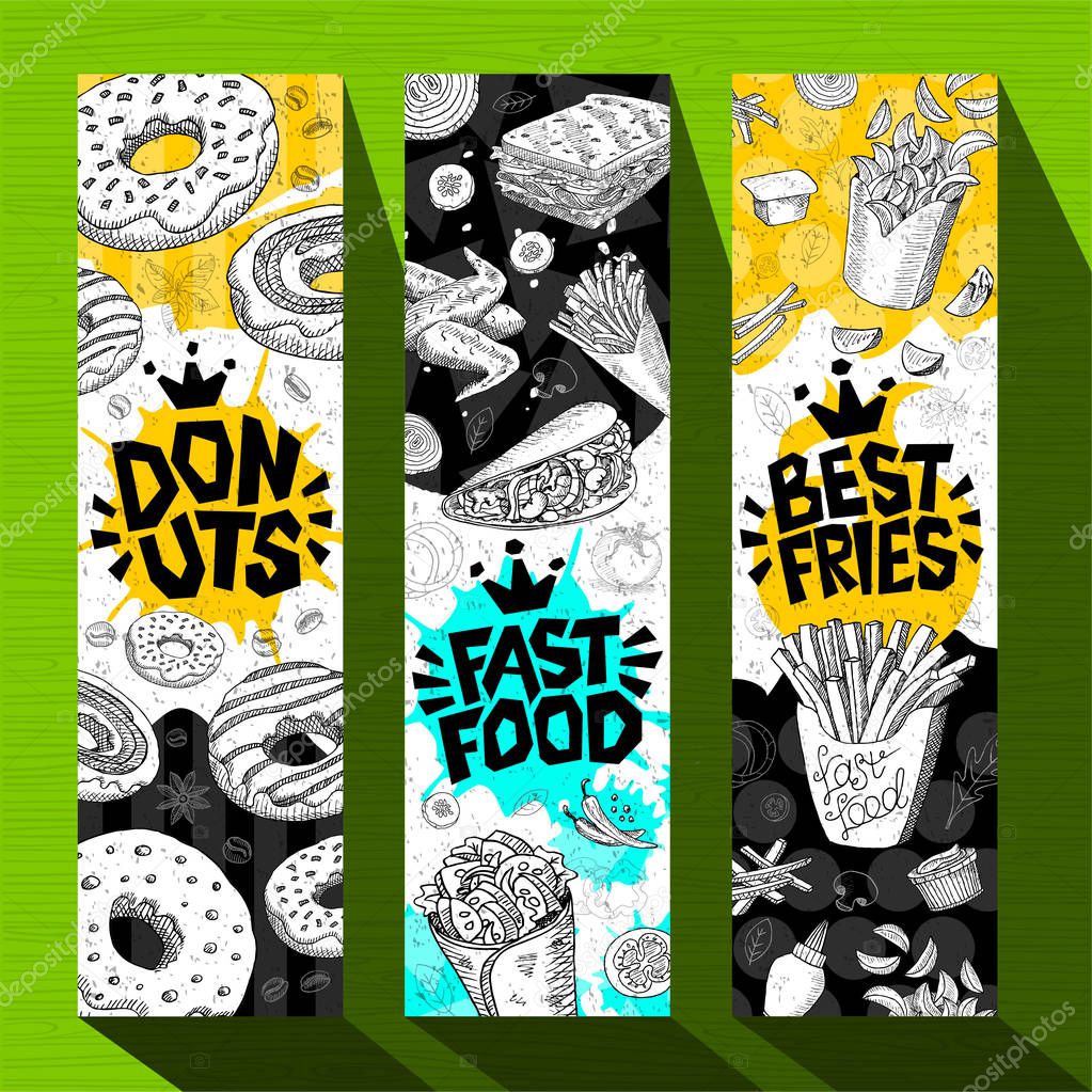 Fast food colorful modern banners set labels. Fast food. French fries. donuts. Hot dog, hamburger, coffee, wings, nuggets, tacos. Bright cool food sketches composition. Hand drawn vector illustration.