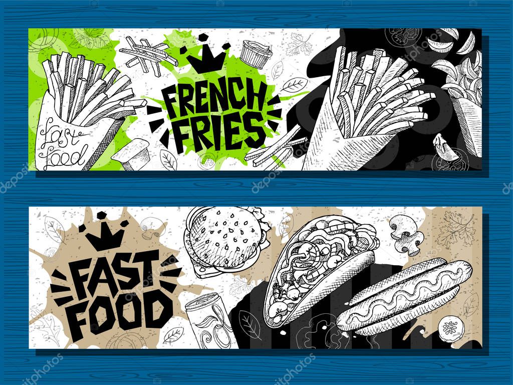 Fast food colorful modern banners set labels. Fast food. French fries. donuts. Hot dog, hamburger, coffee, wings, nuggets, tacos. Bright cool food sketches composition. Hand drawn vector illustration.