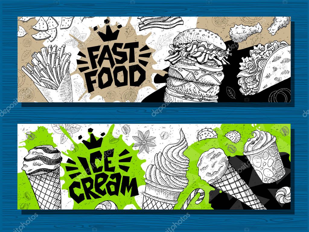Fast food colorful modern banners set labels. Fast food. Ice cream. donuts. Hot dog, hamburger, coffee, wings, nuggets, tacos. Bright cool food sketches composition. Hand drawn vector illustration.