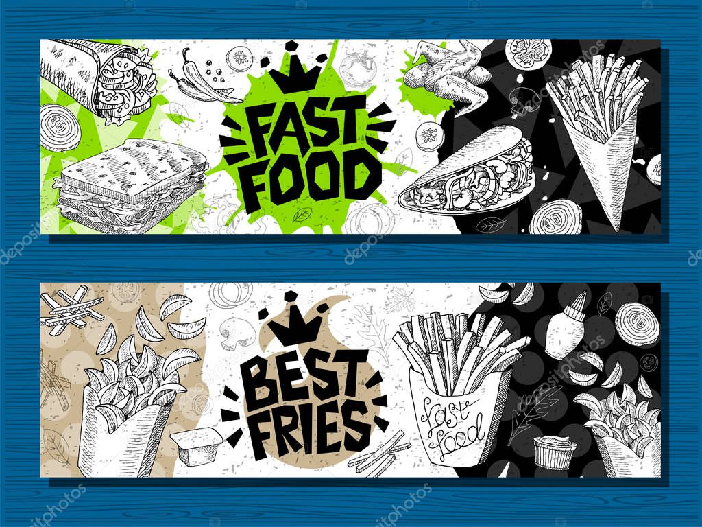 Fast food colorful modern banners set labels. Fast food. French fries. donuts. Hot dog, hamburger, coffee, wings, nuggets, tacos. Bright cool food sketches composition. Hand drawn vector illustration.
