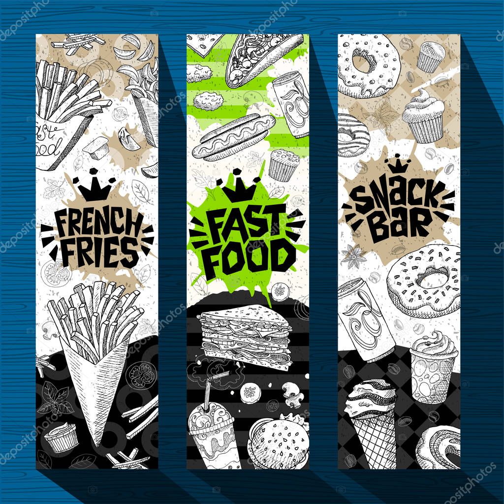 Fast food colorful modern banners set labels. Fast food. French fries. snack bar. Hot dog, hamburger, coffee, donuts, nuggets, tacos. Bright cool food sketches composition
