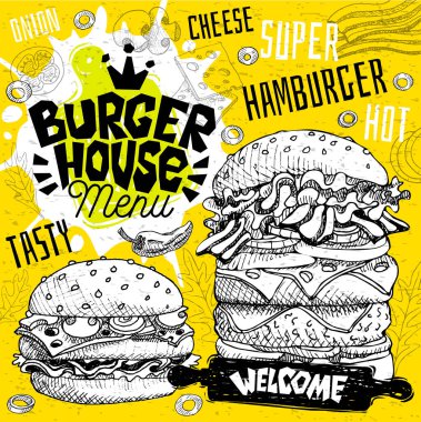 Burger house cafe restoran menü. Vektör alt bar cafe lokanta el ilanı kartları için sandviç. Tasarım şablonu, logo, amblem, işaret, taç, hoş geldiniz vintage elle çizilmiş vektör çizimler.