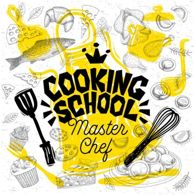 Okul yazı pişirme tarzı usta şef kroki. İşaret, logo, amblem. Pan, pot, bıçak, çatal, önlük, pasta, balık, kruvasan, kek, pasta, alabalık, baharatlar.